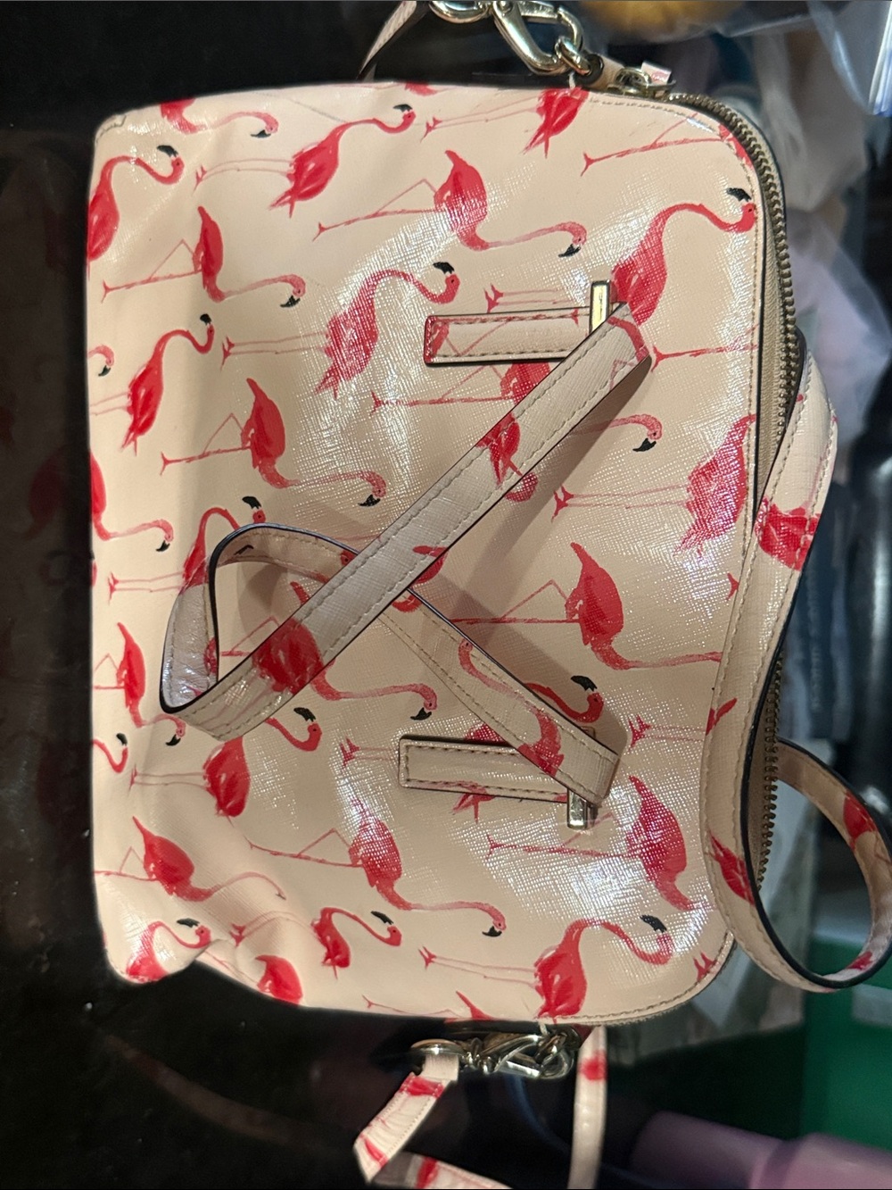 kate spade Cream Crossbody Bag with Pink Flamingo Print